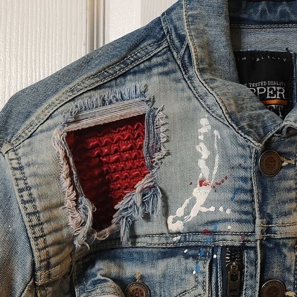 Cooper Rivet distressed denim paint splash jean multi media jacket Sz S - Picture 3 of 11